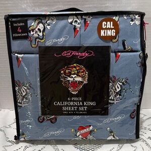 Ed Hardy Cal King Blue Sheet Set Love Kills Slowly Skulls Dagger Motorcycle
